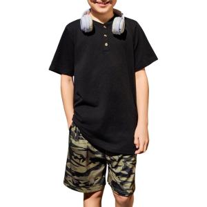 Arshiner Boys Summer Clothing Sets 3-button Short Sleeve Tee and Shorts Casual Outfits for 5-12 Years(Black & Camo)