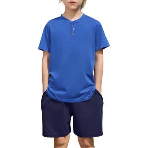Arshiner Boys Summer Clothing Sets 3-button Short Sleeve Tee and Shorts Casual Outfits for 5-12 Years(Blue & Navy)