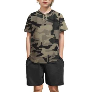 Arshiner Boys Summer Clothing Sets 3-button Short Sleeve Tee and Shorts Casual Outfits for 5-12 Years(Camo & Black)