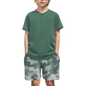 Arshiner Boys Summer Clothing Sets 3-button Short Sleeve Tee and Shorts Casual Outfits for 5-12 Years(Green & Camo)