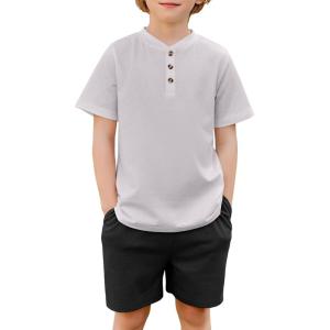 Arshiner Boys Summer Clothing Sets 3-button Short Sleeve Tee and Shorts Casual Outfits for 5-12 Years(Grey & Black)