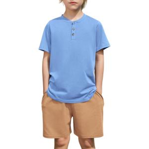 Arshiner Boys Summer Clothing Sets 3-button Short Sleeve Tee and Shorts Casual Outfits for 5-12 Years(Light Blue & Khaki)