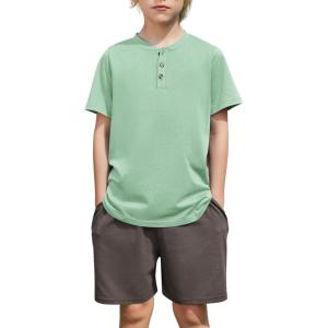 Arshiner Boys Summer Clothing Sets 3-button Short Sleeve Tee and Shorts Casual Outfits for 5-12 Years(Light Green & Dark Grey)
