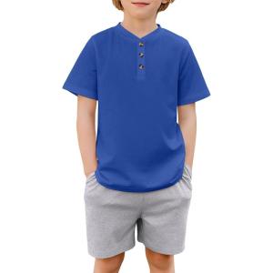 Arshiner Boys Summer Clothing Sets 3-button Short Sleeve Tee and Shorts Casual Outfits for 5-12 Years(Navy Blue&grey)