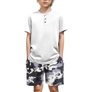 Arshiner Boys Summer Clothing Sets 3-button Short Sleeve Tee and Shorts Casual Outfits for 5-12 Years(White & Camo)