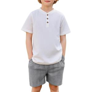 Arshiner Boys Summer Clothing Sets 3-button Short Sleeve Tee and Shorts Casual Outfits for 5-12 Years(White & Grey Striped)