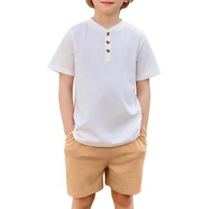 Arshiner Boys Summer Clothing Sets 3-button Short Sleeve Tee and Shorts Casual Outfits for 5-12 Years(White & Khaki)