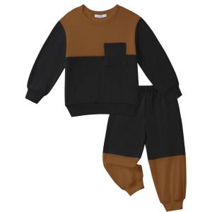 Arshiner Boys Sweatsuit Long Sleeve Crewneck Sweatshirt and Pants Fall Winter Tracksuit Set 2-10Y(Black & Brown)