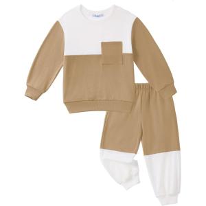Arshiner Boys Sweatsuit Long Sleeve Crewneck Sweatshirt and Pants Fall Winter Tracksuit Set 2-10Y(White & Brown)
