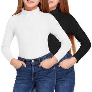 Arshiner Girls 2 Pack Turtleneck Long Sleeve Shirts Ribbed Base Layer Top Slim Fit Pullover Blouse Tee(Black/White)