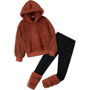 Arshiner Girls 2 Piece Outfits Fuzzy Long Sleeve Hoodie Sweatshirts and Patchwork Legging Pants Casual Clothing Sets(Brown)