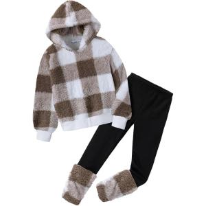 Arshiner Girls 2 Piece Outfits Fuzzy Long Sleeve Hoodie Sweatshirts and Patchwork Legging Pants Casual Clothing Sets(Checked Print)