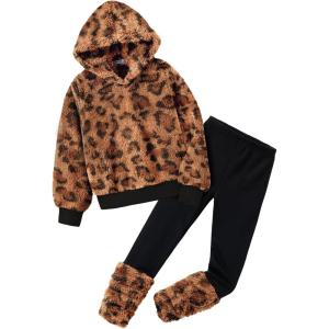 Arshiner Girls 2 Piece Outfits Fuzzy Long Sleeve Hoodie Sweatshirts and Patchwork Legging Pants Casual Clothing Sets(Leopard Print)