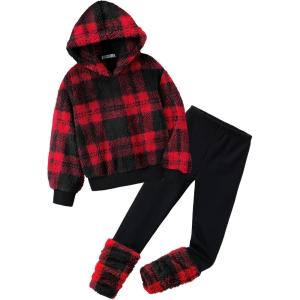 Arshiner Girls 2 Piece Outfits Fuzzy Long Sleeve Hoodie Sweatshirts and Patchwork Legging Pants Casual Clothing Sets(Red Plaid)