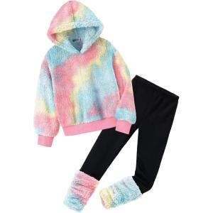 Arshiner Girls 2 Piece Outfits Fuzzy Long Sleeve Hoodie Sweatshirts and Patchwork Legging Pants Casual Clothing Sets(Tie Dye Yellow&pink)