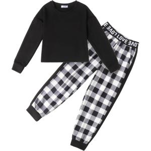 Arshiner Girls 2 Piece Outfits Long Sleeve Crop Tops and Lounge Pants with Pockets Kids Tracksuit Clothing Sets(Black Plaid)