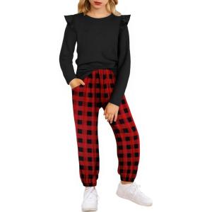 Arshiner Girls 2 Piece Outfits Long Sleeve Ruffled Tops and Pants with Pockets Clothing Set for 6-14Y(Black & Red Plaid)