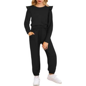 Arshiner Girls 2 Piece Outfits Long Sleeve Ruffled Tops and Pants with Pockets Clothing Set for 6-14Y(Black)