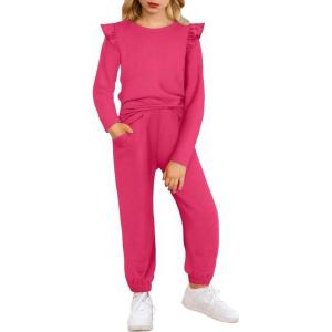 Arshiner Girls 2 Piece Outfits Long Sleeve Ruffled Tops and Pants with Pockets Clothing Set for 6-14Y(Hot Pink)