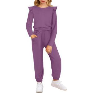 Arshiner Girls 2 Piece Outfits Long Sleeve Ruffled Tops and Pants with Pockets Clothing Set for 6-14Y(Pale Lilac)
