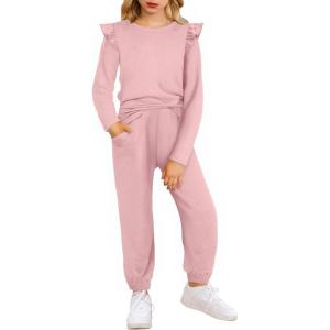 Arshiner Girls 2 Piece Outfits Long Sleeve Ruffled Tops and Pants with Pockets Clothing Set for 6-14Y(Pink)