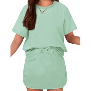 Arshiner Girls 2 Piece Outfits Summer Clothes Short Sleeve Drop Shoulder Shirt and Skirt with Built-in Shorts Athletic Sets(Light Green)
