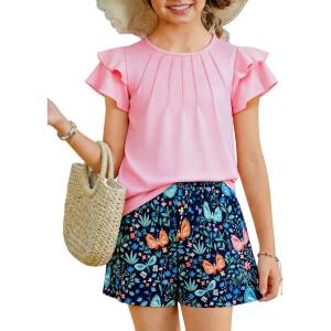 Arshiner Girls 2 Piece Outfits Summer Ruffle Sleeve Top and Paperbag Waist Shorts Set with Pockets Size 5-13 Years(Butterfly)