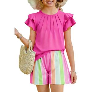 Arshiner Girls 2 Piece Outfits Summer Ruffle Sleeve Top and Paperbag Waist Shorts Set with Pockets Size 5-13 Years(Pink Stripe)