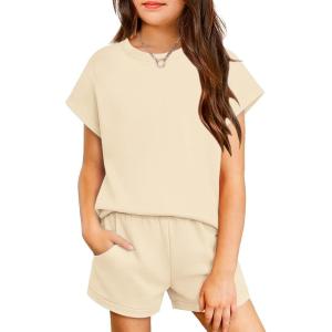 Arshiner Girls Summer 2 Piece Outfits Short Sleeve T Shirts Top and Shorts Clothing Sets with Pockets(Apricot)
