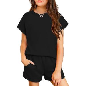 Arshiner Girls Summer 2 Piece Outfits Short Sleeve T Shirts Top and Shorts Clothing Sets with Pockets(Black)