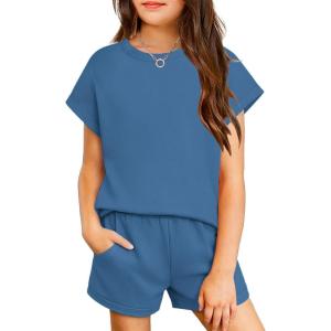Arshiner Girls Summer 2 Piece Outfits Short Sleeve T Shirts Top and Shorts Clothing Sets with Pockets(Gray Blue)