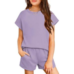 Arshiner Girls Summer 2 Piece Outfits Short Sleeve T Shirts Top and Shorts Clothing Sets with Pockets(Purple)