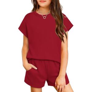Arshiner Girls Summer 2 Piece Outfits Short Sleeve T Shirts Top and Shorts Clothing Sets with Pockets(Red)