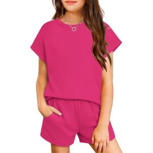 Arshiner Girls Summer 2 Piece Outfits Short Sleeve T Shirts Top and Shorts Clothing Sets with Pockets(Rose Red)