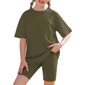 Arshiner Girls Summer Outfits 2 Piece Set Ribbed Knit Drop Shoulder Shirts and Biker Shorts Sets Kids Clothes 5-13 Y(Army Green)