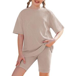 Arshiner Girls Summer Outfits 2 Piece Set Ribbed Knit Drop Shoulder Shirts and Biker Shorts Sets Kids Clothes 5-13 Y(Khaki)