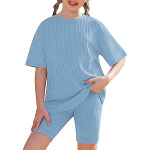 Arshiner Girls Summer Outfits 2 Piece Set Ribbed Knit Drop Shoulder Shirts and Biker Shorts Sets Kids Clothes 5-13 Y(Light Blue)