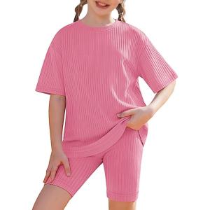 Arshiner Girls Summer Outfits 2 Piece Set Ribbed Knit Drop Shoulder Shirts and Biker Shorts Sets Kids Clothes 5-13 Y(Rose Pink)