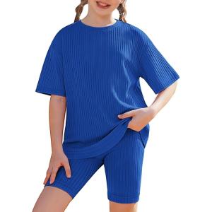 Arshiner Girls Summer Outfits 2 Piece Set Ribbed Knit Drop Shoulder Shirts and Biker Shorts Sets Kids Clothes 5-13 Y(Royal Blue)