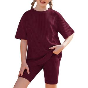 Arshiner Girls Summer Outfits 2 Piece Set Ribbed Knit Drop Shoulder Shirts and Biker Shorts Sets Kids Clothes 5-13 Y(Wine Red)