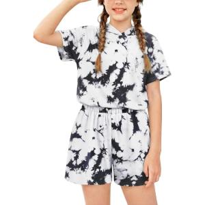 Arshiner Girls Tie Dye Two Piece Outfit Short Sleeve Pullover Crop Tops and Short Pants Sweatsuits Tracksuits(Black & White)