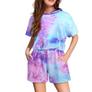 Arshiner Girls Tie Dye Two Piece Outfit Short Sleeve Pullover Crop Tops and Short Pants Sweatsuits Tracksuits(Blue&purple)