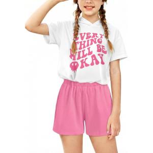 Arshiner Girls Tie Dye Two Piece Outfit Short Sleeve Pullover Crop Tops and Short Pants Sweatsuits Tracksuits(Letter Print)
