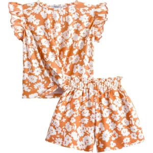 Arshiner Toddler Girl 2 Piece Short Sets Baby Girls Floral-Print Clothes Twist Front Top and Short with Pocket Summer Outfits(Orange Floral)