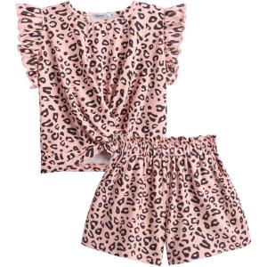 Arshiner Toddler Girl 2 Piece Short Sets Baby Girls Floral-Print Clothes Twist Front Top and Short with Pocket Summer Outfits(Pink Leopard Print)