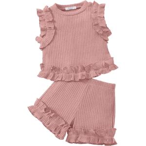Arshiner Toddler Girls Clothes Ribbed Knit Ruffle Sleeveless Tops and Shorts with Pockets Cute Summer 2 Pieces Short Sets(Pink)
