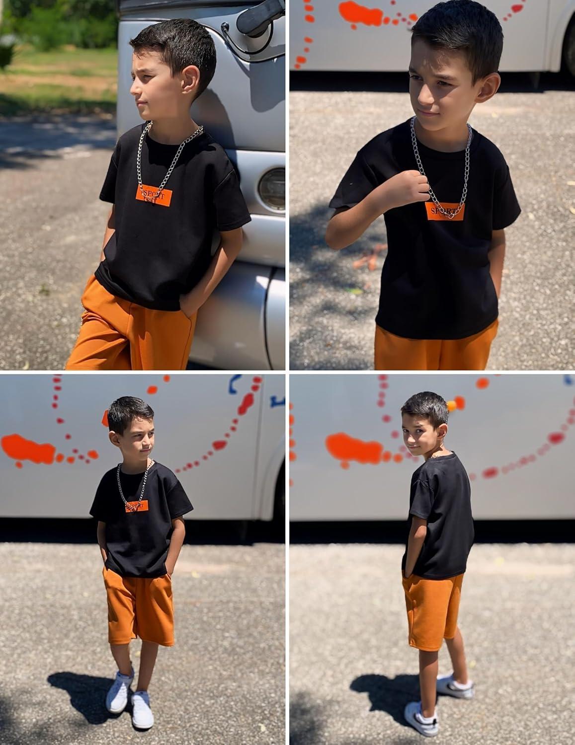 image:imageArshiner Boys Drop Shoulder TShirt amp Drawstring Waist Shorts Summer Casual Outfits 512 YearsBlack Print Brown