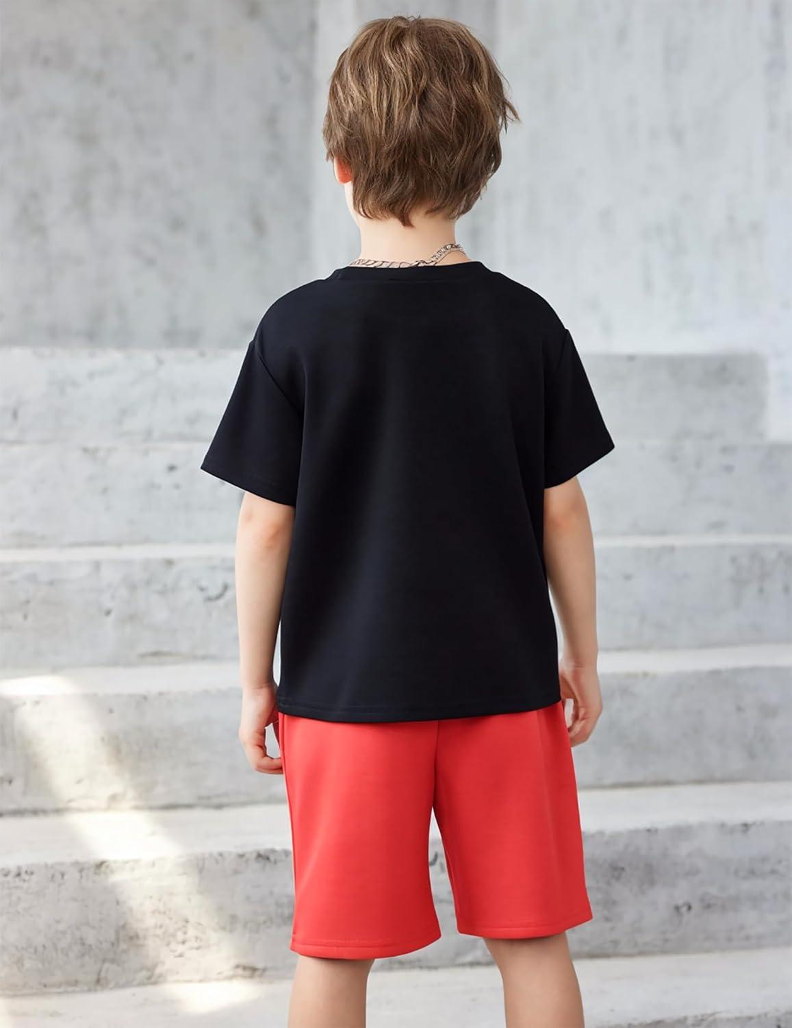 image:imageArshiner Boys Drop Shoulder TShirt amp Drawstring Waist Shorts Summer Casual Outfits 512 YearsBlack Print Red