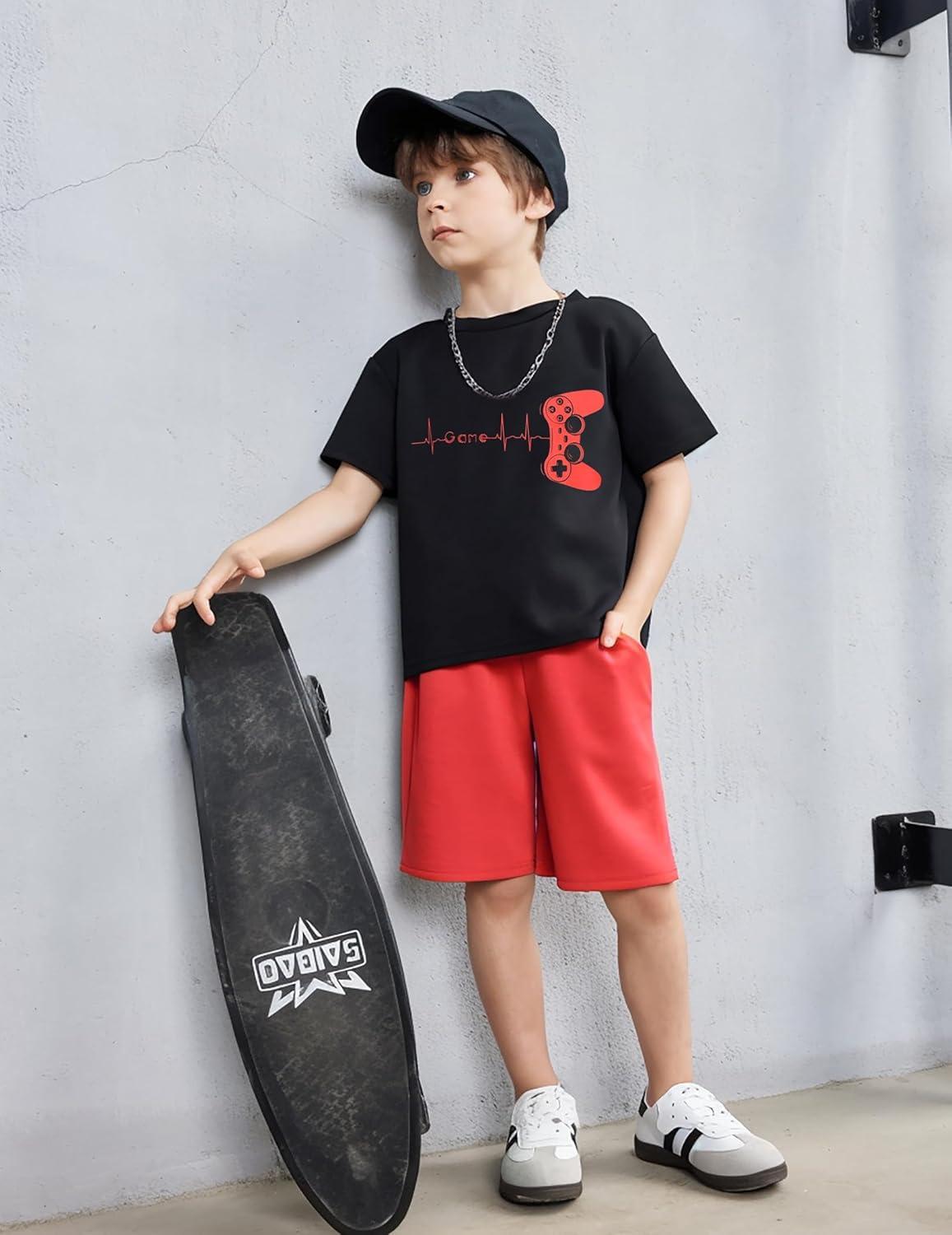 image:imageArshiner Boys Drop Shoulder TShirt amp Drawstring Waist Shorts Summer Casual Outfits 512 YearsBlack Print Red