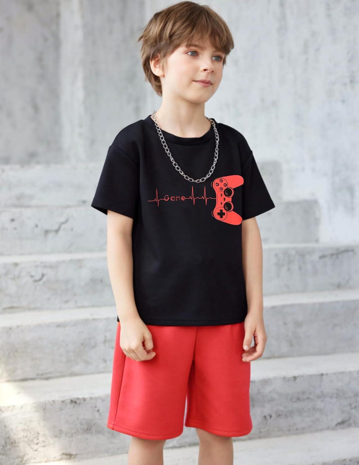 image:imageArshiner Boys Drop Shoulder TShirt amp Drawstring Waist Shorts Summer Casual Outfits 512 YearsBlack Print Red